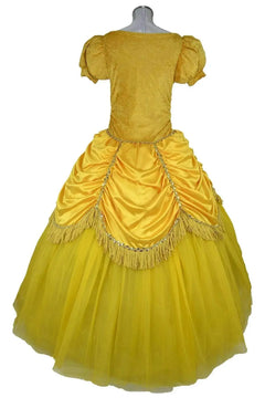 Noleggio costume Belle giallo Donna vista posteriore con sovragonna drappeggiata e frange dorate