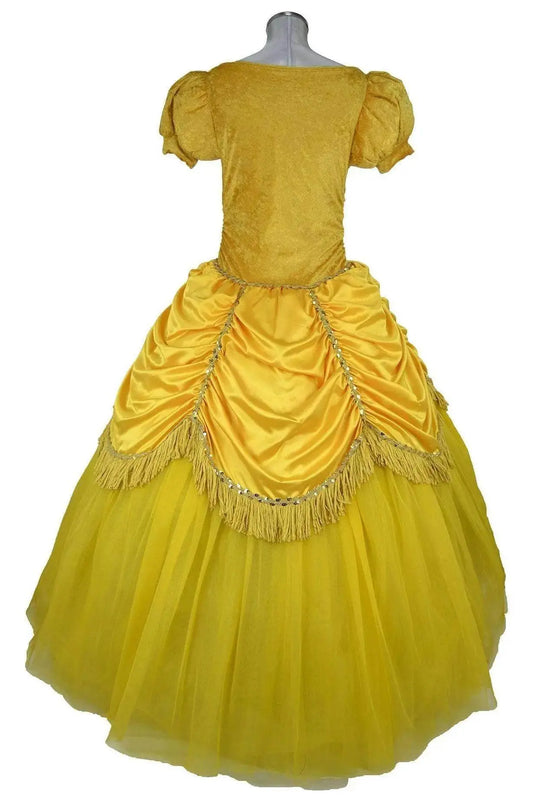 Noleggio costume Belle giallo Donna vista posteriore con sovragonna drappeggiata e frange dorate