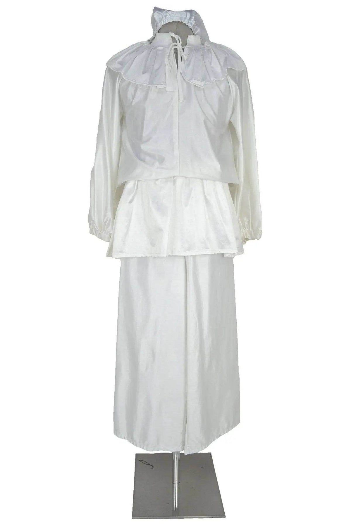 Noleggio costume Pulcinella uomo tradizionale bianco con gorgiera, cappuccio e pantaloni ampi vista frontale