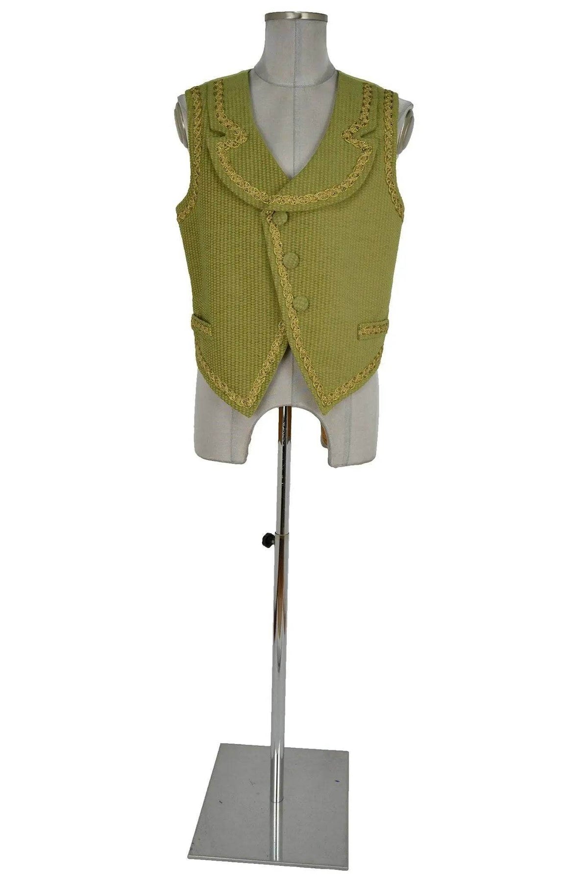 Noleggio gilet storico uomo verde oliva con scollo a V, bottoni e bordure dorate, vista frontale