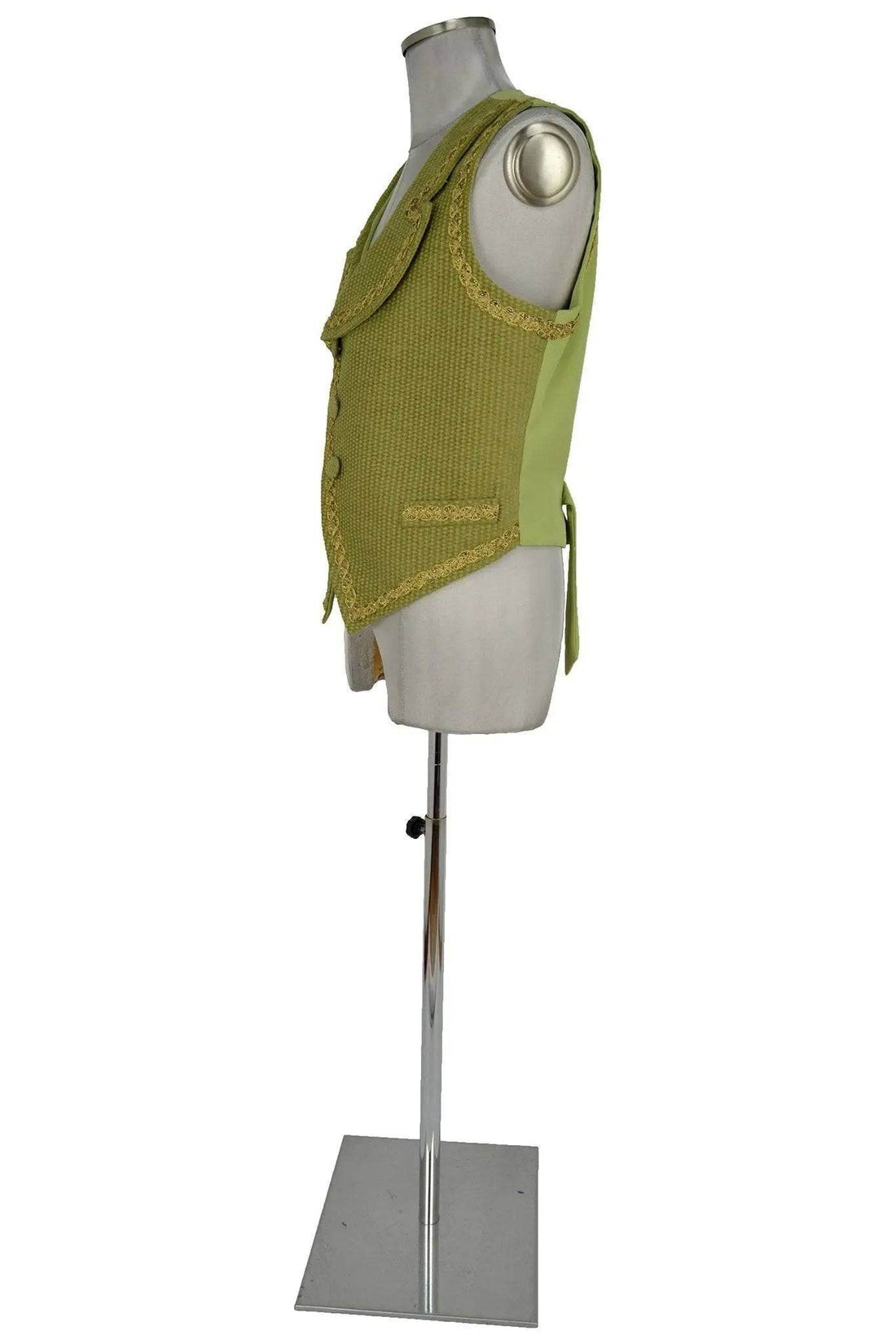 Noleggio gilet storico uomo verde oliva con pannello posteriore verde chiaro e martingala, vista laterale