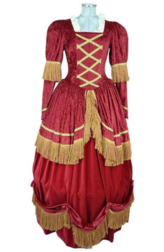 Noleggio abito storico Donna barocco bordeaux con corpino decorato oro e gonna drappeggiata, vista frontale