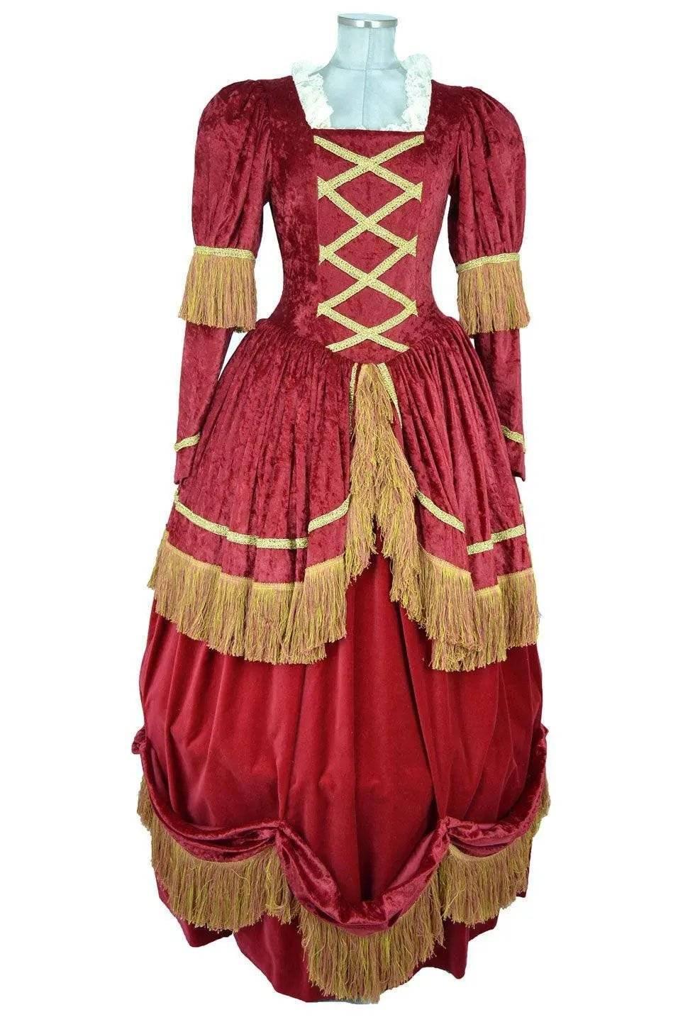 Noleggio abito storico Donna barocco bordeaux con corpino decorato oro e gonna drappeggiata, vista frontale