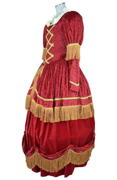 Noleggio abito storico Donna barocco bordeaux con sopragonna arricciata e frange oro, vista laterale
