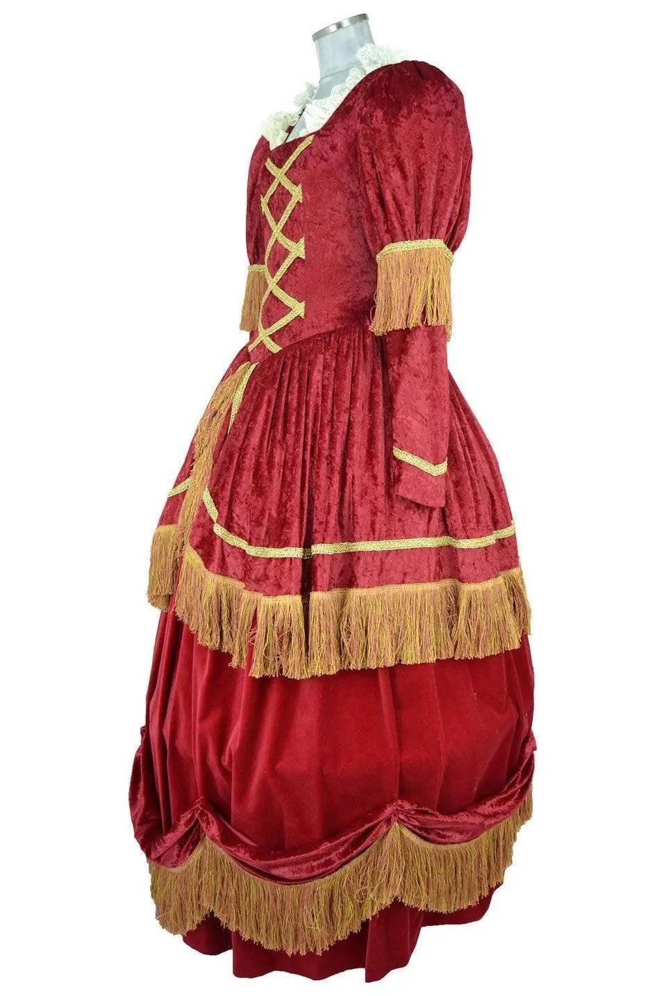 Noleggio abito storico Donna barocco bordeaux con sopragonna arricciata e frange oro, vista laterale