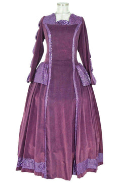 Noleggio abito storico Donna dama del Seicento viola prugna con pannello lilla visto frontalmente