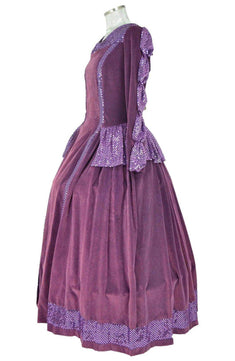 Noleggio abito storico Donna dama del Seicento viola con gonna ampia e baschina in vista laterale