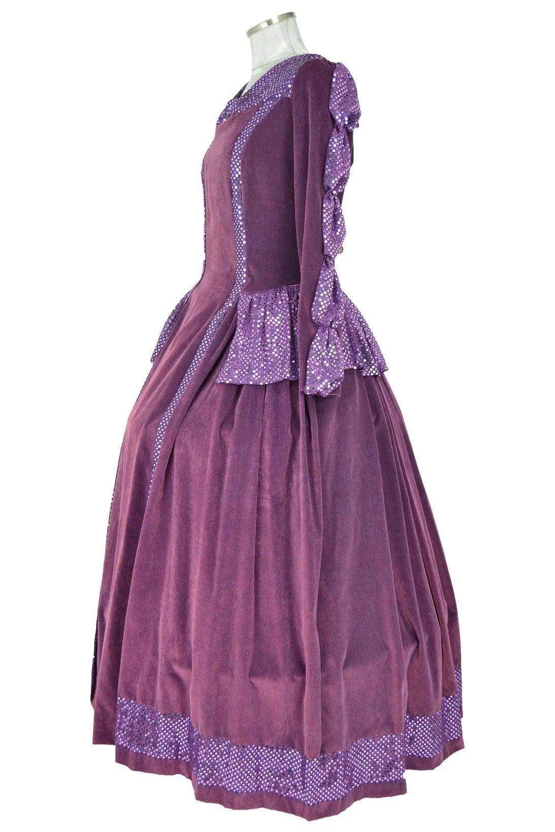 Noleggio abito storico Donna dama del Seicento viola con gonna ampia e baschina in vista laterale