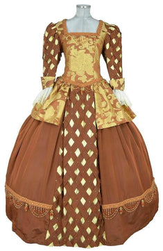 Noleggio abito storico Donna dama Versailles Settecento marrone ramato e oro, vista frontale con pannello intrecciato e gonna ampia