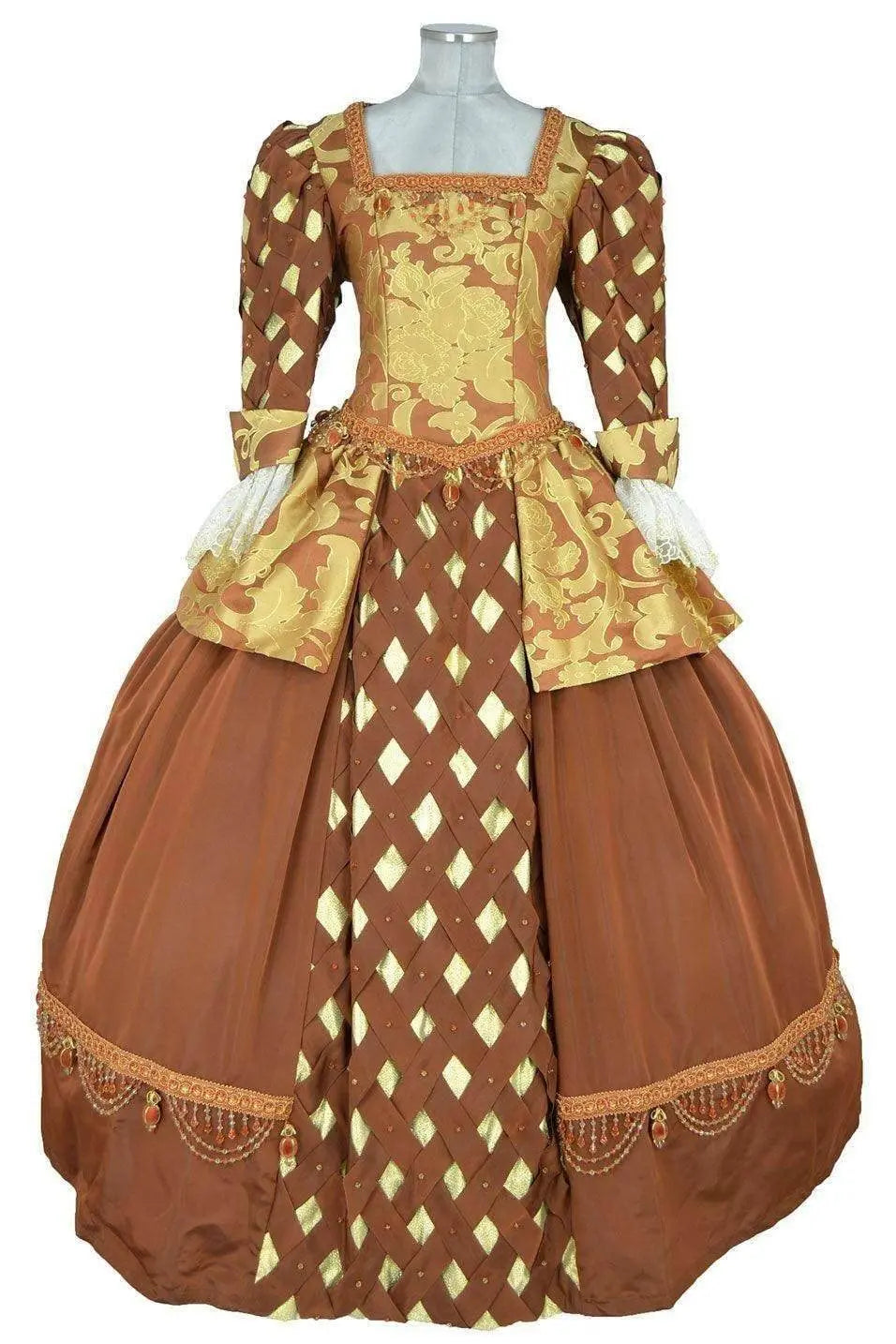 Noleggio abito storico Donna dama Versailles Settecento marrone ramato e oro, vista frontale con pannello intrecciato e gonna ampia