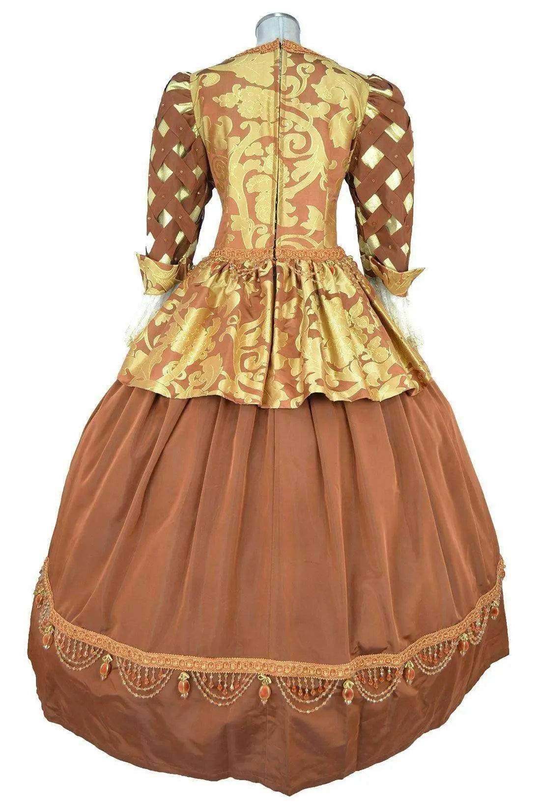 Noleggio abito storico Donna dama Versailles Settecento, vista posteriore con corpetto dorato, baschina arricciata e chiusura centrale