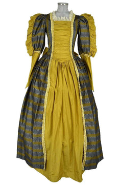 Noleggio abito storico Donna da nobildonna Settecento giallo ocra, vista frontale con gonna ampia, righe antracite e bordature dorate