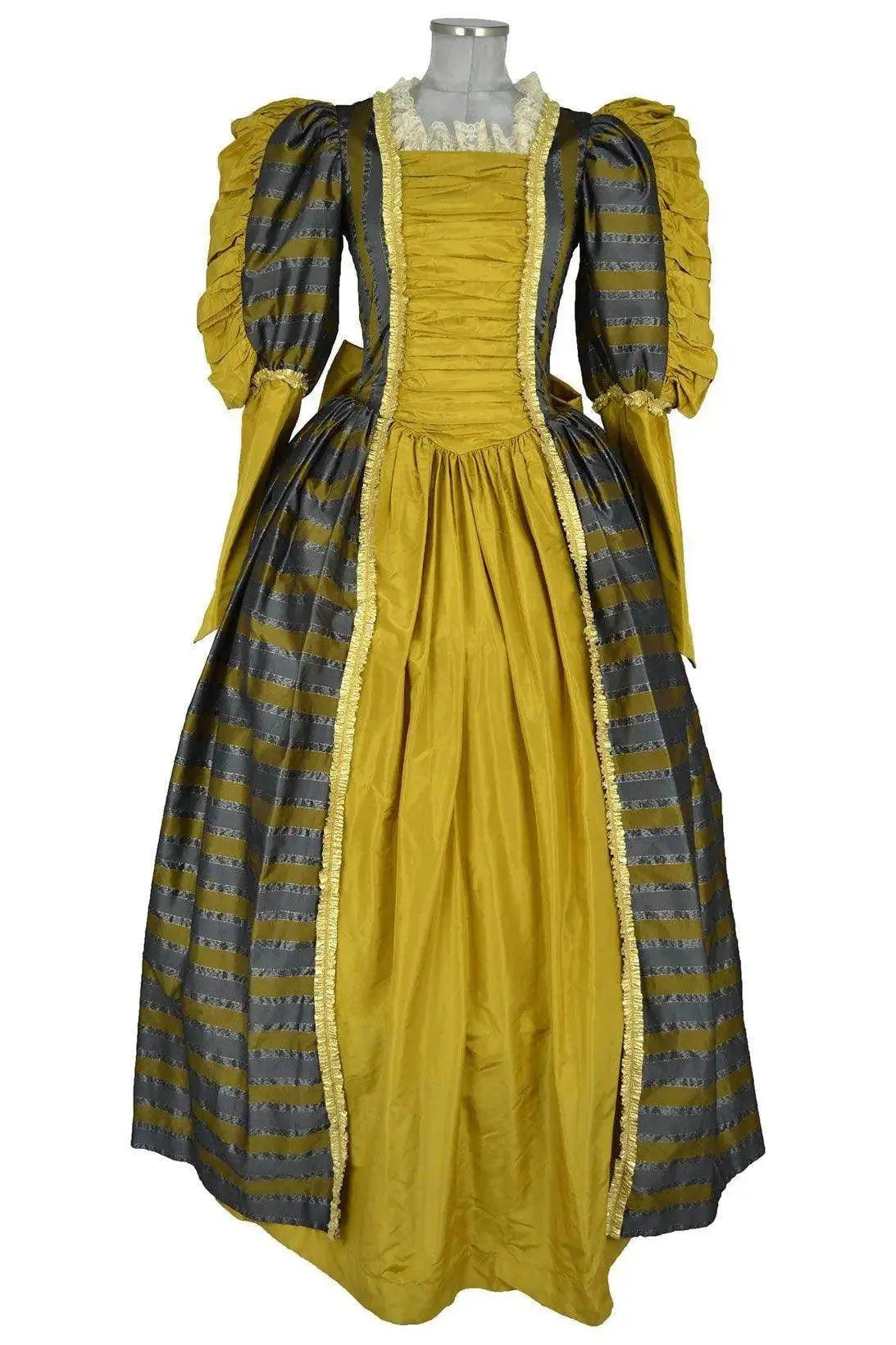 Noleggio abito storico Donna da nobildonna Settecento giallo ocra, vista frontale con gonna ampia, righe antracite e bordature dorate