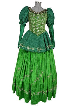 Noleggio abito storico Donna da principessa fiaba Ottocento verde smeraldo, vista frontale con corpetto ricamato e gonna ampia