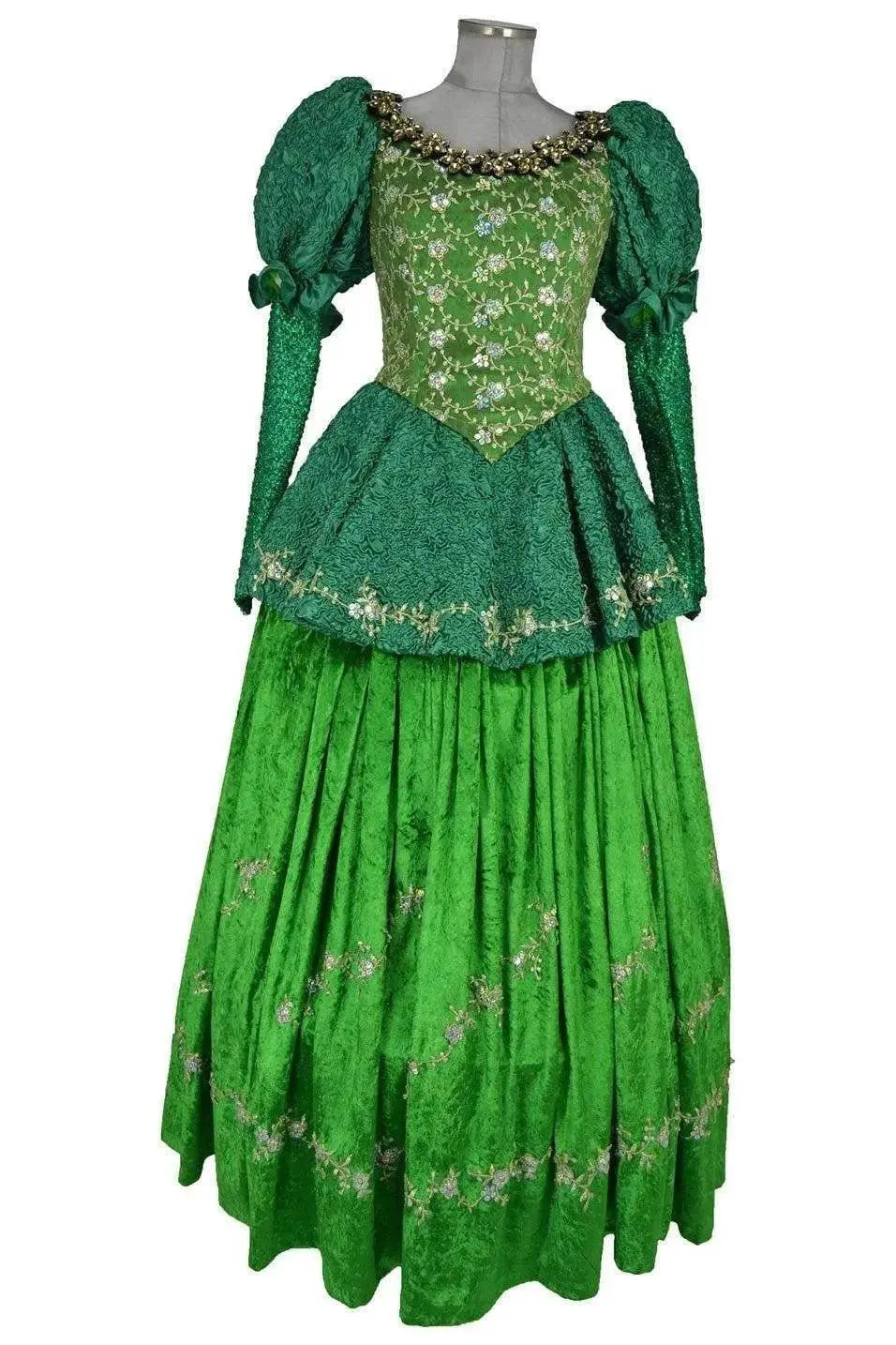 Noleggio abito storico Donna da principessa fiaba Ottocento verde smeraldo, vista frontale con corpetto ricamato e gonna ampia