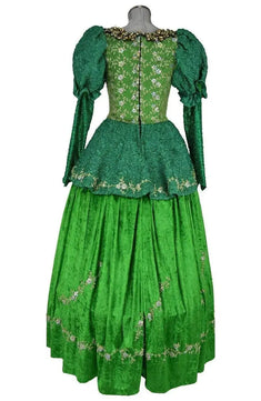 Noleggio abito storico Donna da principessa fiaba Ottocento verde smeraldo, vista posteriore con chiusura centrale e ricami floreali