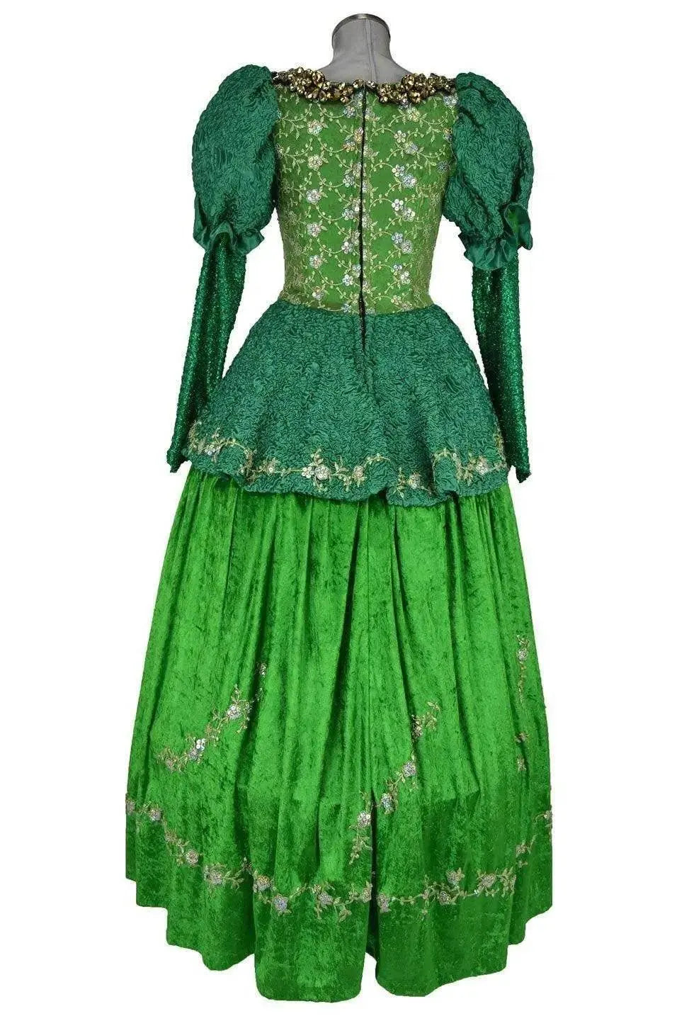 Noleggio abito storico Donna da principessa fiaba Ottocento verde smeraldo, vista posteriore con chiusura centrale e ricami floreali