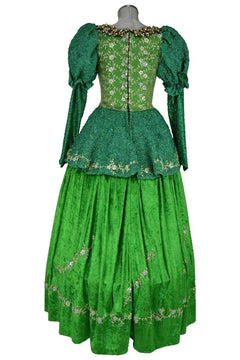 Noleggio abito storico Donna da principessa fiaba Ottocento verde smeraldo, vista posteriore con chiusura centrale e ricami floreali