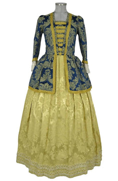 Noleggio abito storico Donna Rococò blu e oro con corpetto decorato e ampia gonna dorata, vista frontale