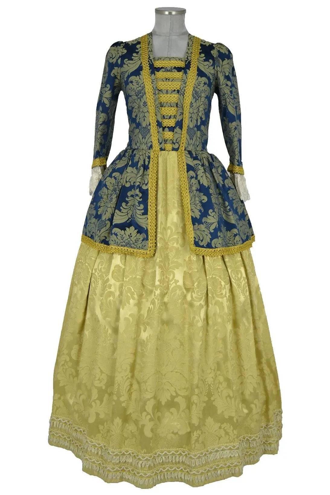 Noleggio abito storico Donna Rococò blu e oro con corpetto decorato e ampia gonna dorata, vista frontale