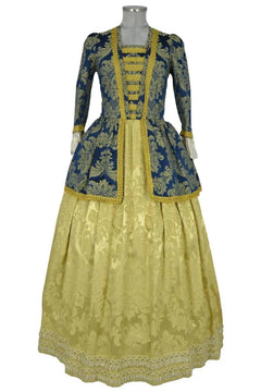 Noleggio abito storico Donna Rococò blu e oro con corpetto decorato e ampia gonna dorata, vista frontale