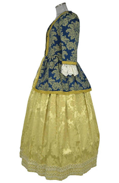 Noleggio abito storico Donna Rococò blu e oro con volume laterale settecentesco e sopragonna decorata, vista laterale