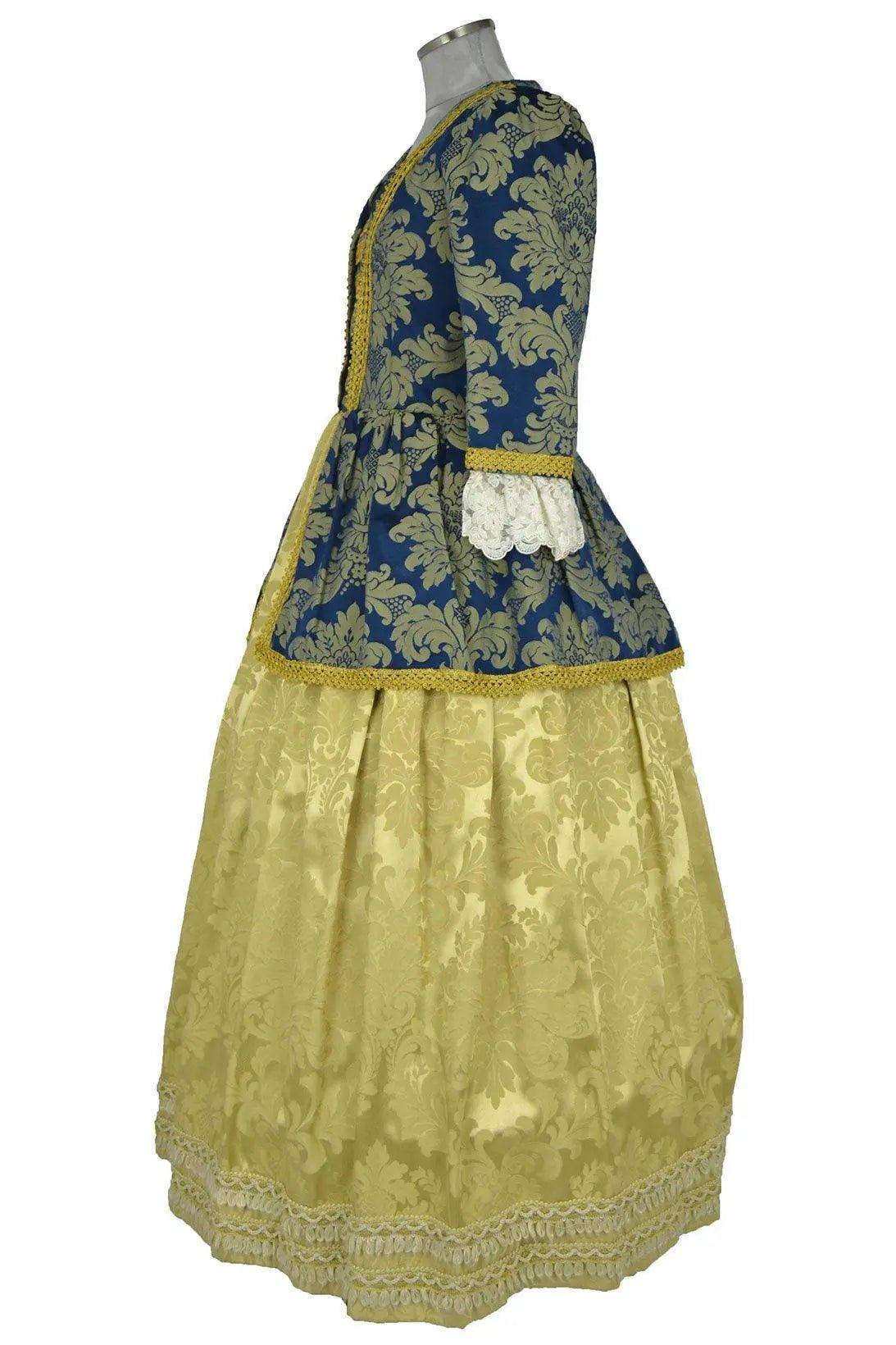 Noleggio abito storico Donna Rococò blu e oro con volume laterale settecentesco e sopragonna decorata, vista laterale