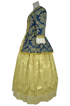 Noleggio abito storico Donna Rococò blu e oro con volume laterale settecentesco e sopragonna decorata, vista laterale