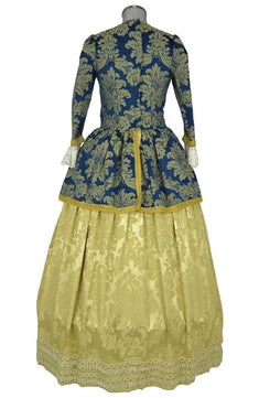 Noleggio abito storico Donna Rococò blu e oro con sopragonna ornamentale e gonna ampia, vista posteriore