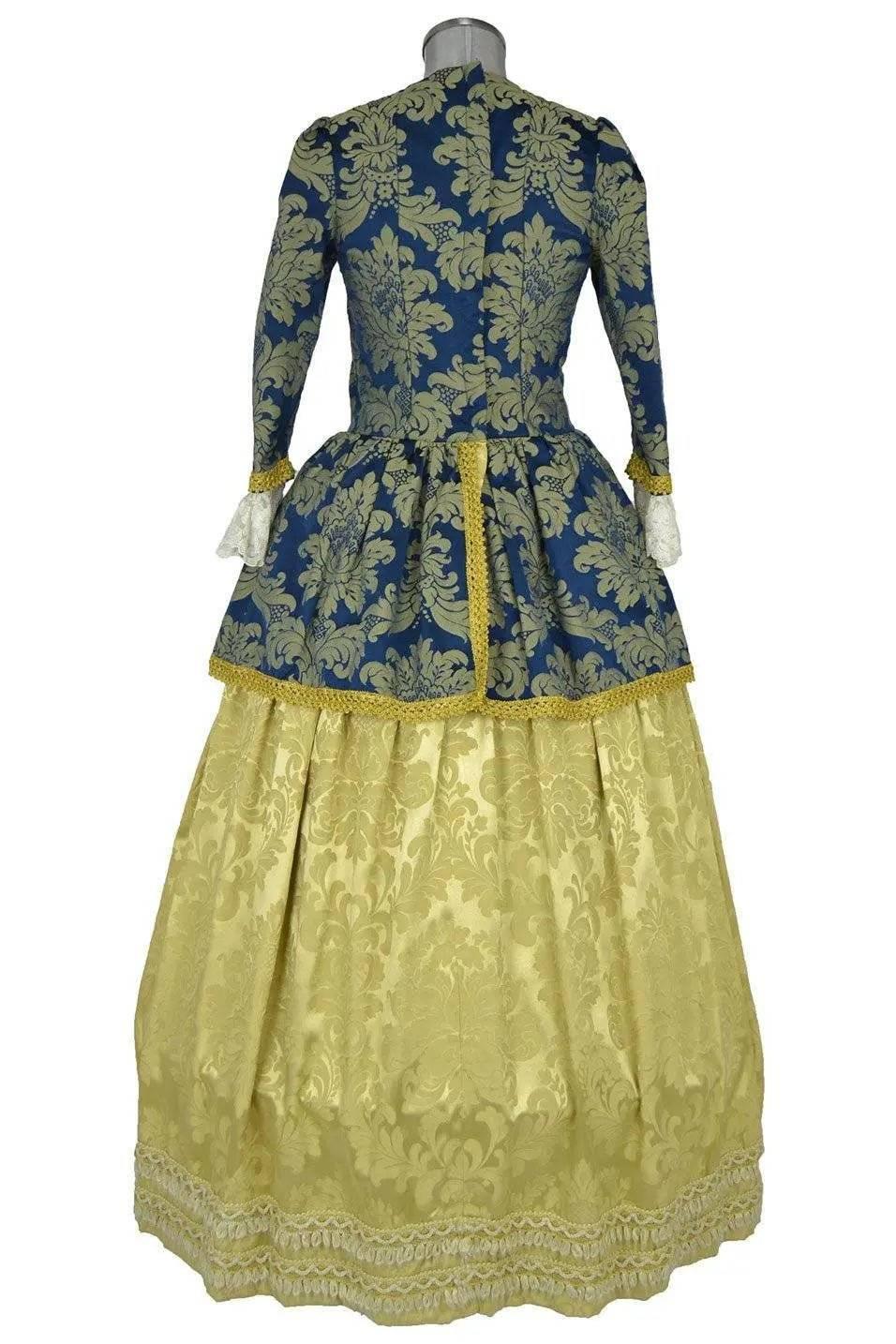 Noleggio abito storico Donna Rococò blu e oro con sopragonna ornamentale e gonna ampia, vista posteriore