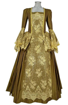 Noleggio abito storico Donna Rococò oro antico con pannello frontale decorato, vista frontale