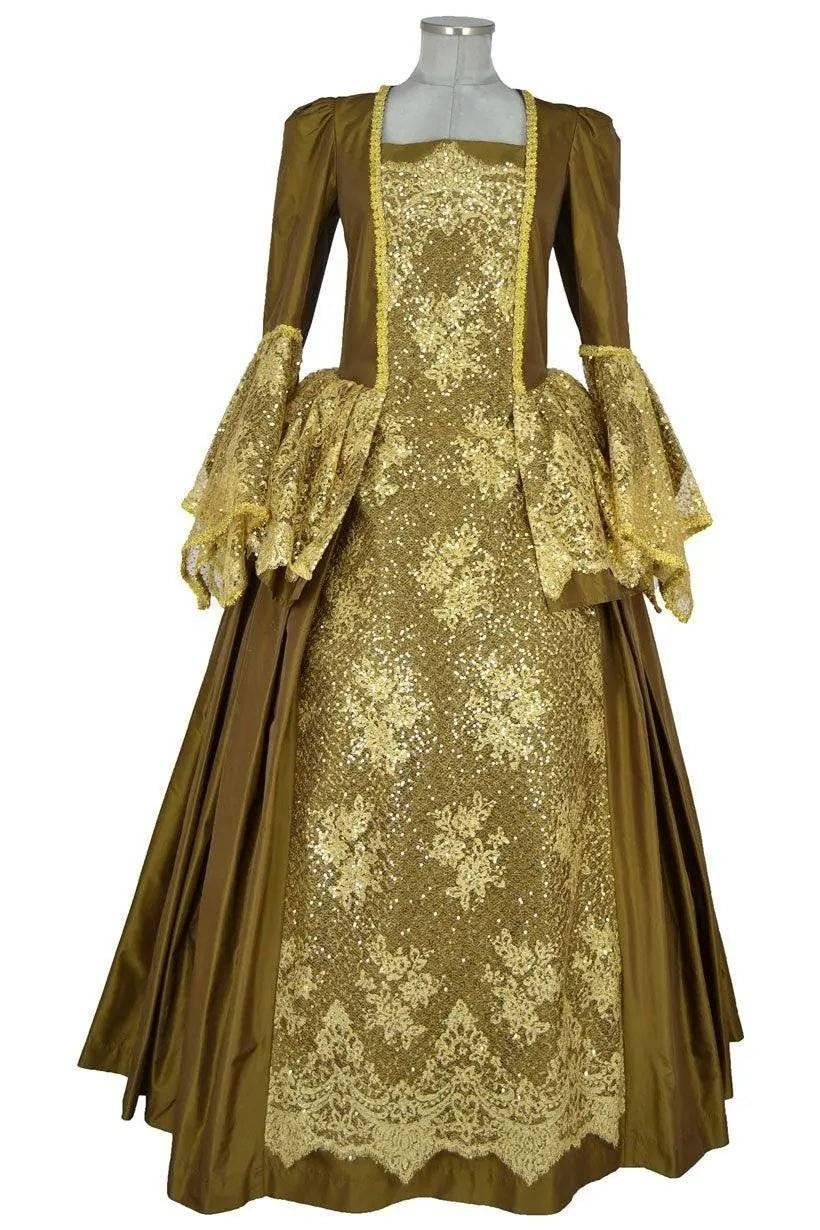 Noleggio abito storico Donna Rococò oro antico con pannello frontale decorato, vista frontale