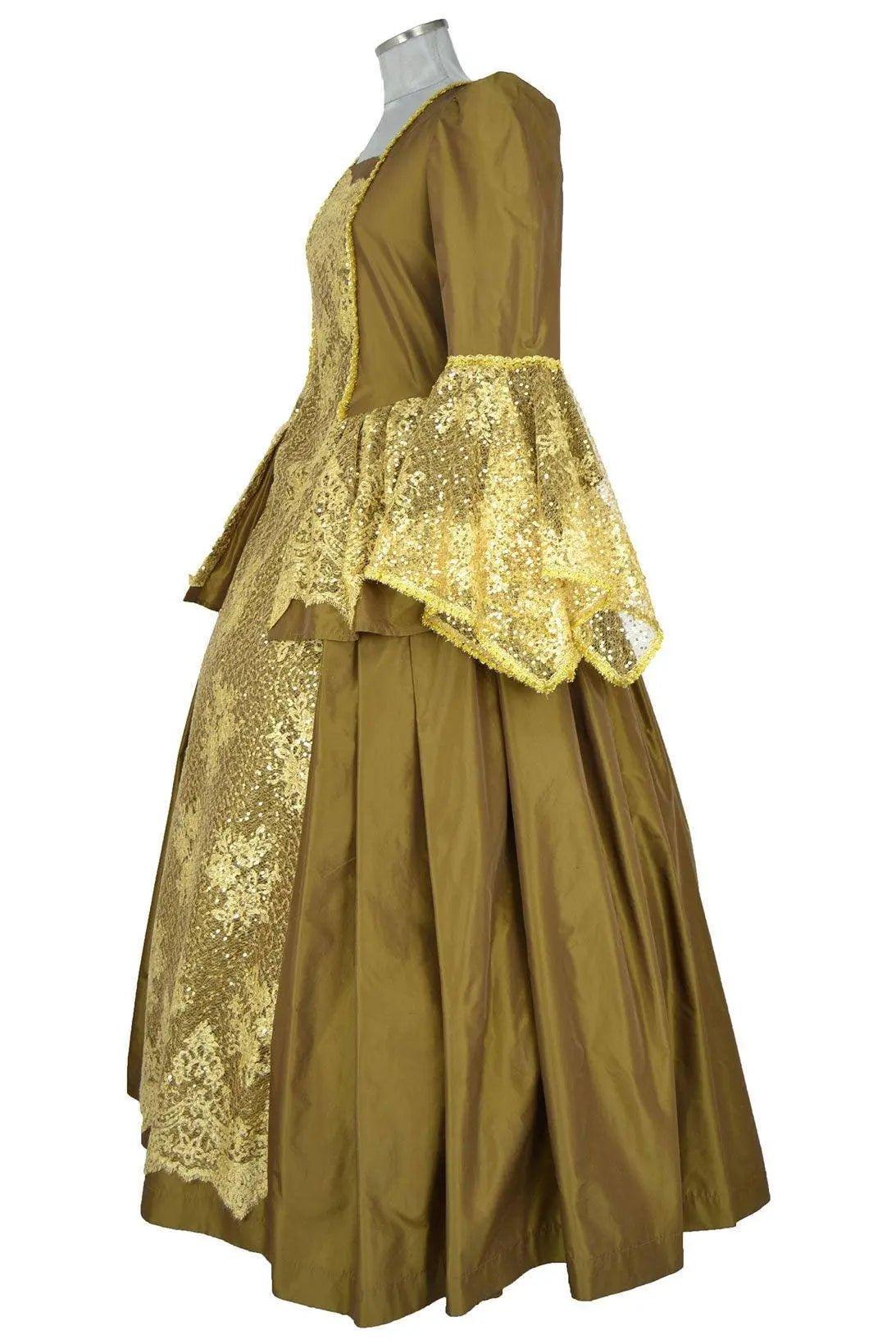 Noleggio abito storico Donna Rococò Versailles oro con gonna ampia, vista laterale
