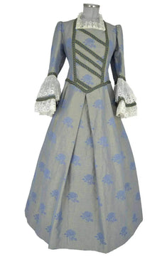 Noleggio abito storico Donna settecentesco rococò grigio perla e azzurro, vista frontale