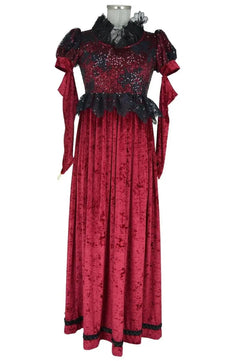 Noleggio abito storico Donna da strega gotica rosso bordeaux, vista frontale con corpetto decorato e gonna lunga