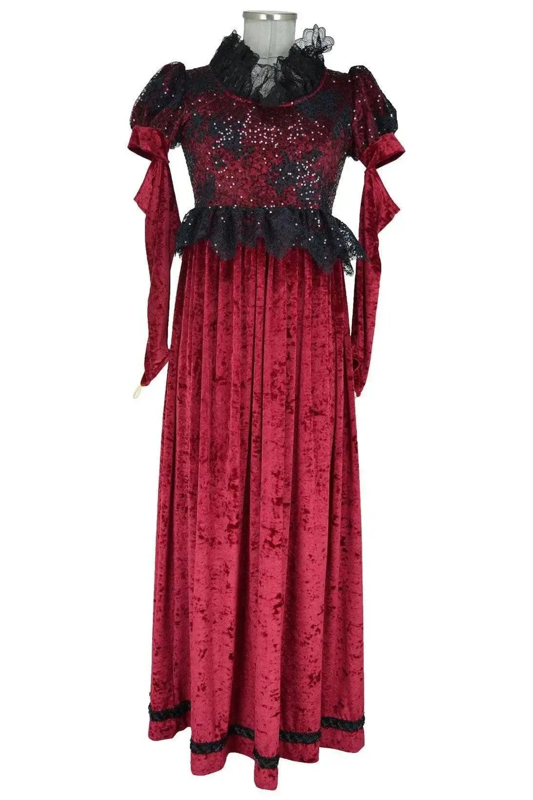 Noleggio abito storico Donna da strega gotica rosso bordeaux, vista frontale con corpetto decorato e gonna lunga
