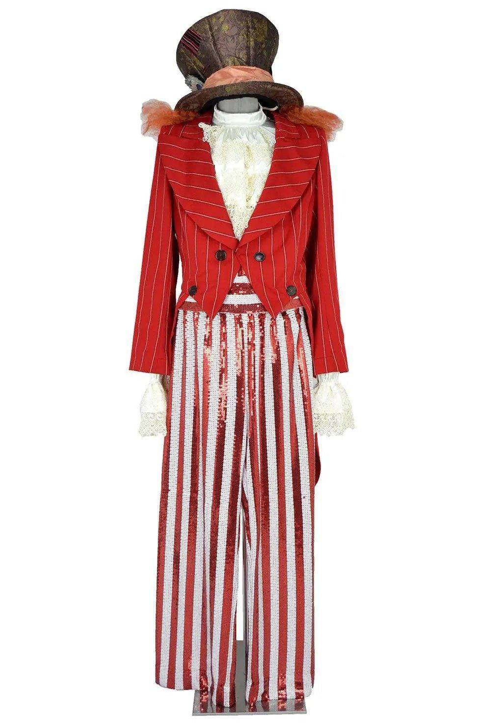 Noleggio costume Cappellaio Matto uomo con frac rosso a righe e cilindro decorato, vista frontale