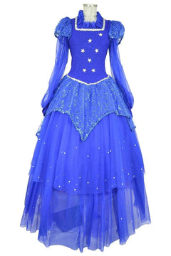 Noleggio Costume Fata Azzurra Pinocchio Donna vista frontale con corpetto blu stellato e gonna lunga multistrato