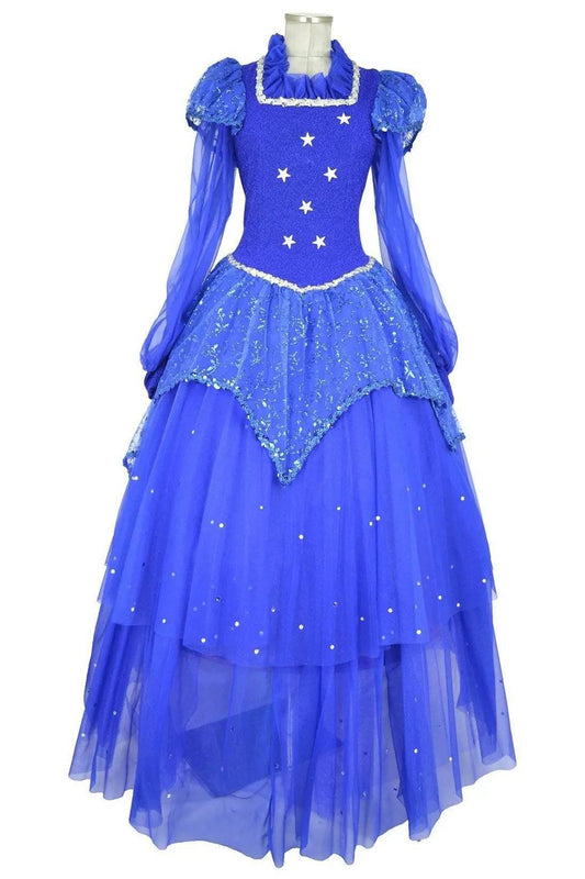 Noleggio Costume Fata Azzurra Pinocchio Donna vista frontale con corpetto blu stellato e gonna lunga multistrato
