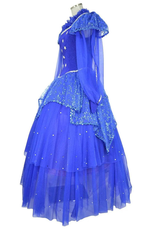 Noleggio Costume Fata Azzurra Pinocchio Donna vista laterale con gonna ampia a strati e sovragonna decorata
