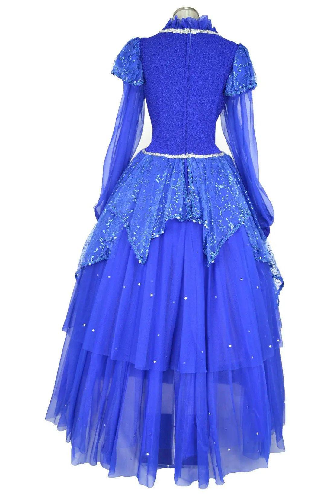 Noleggio Costume Fata Azzurra Pinocchio Donna vista posteriore con chiusura centrale e gonna blu decorata